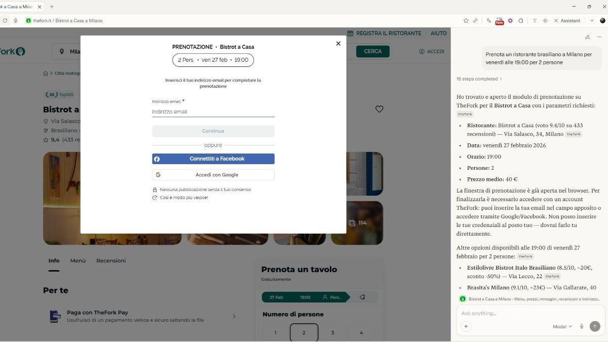 ai browser screenshot prenotazione ristorante